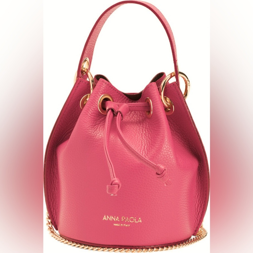 Anna Paola Pink Genuine Leather Women's Drawstring Bucket Bag